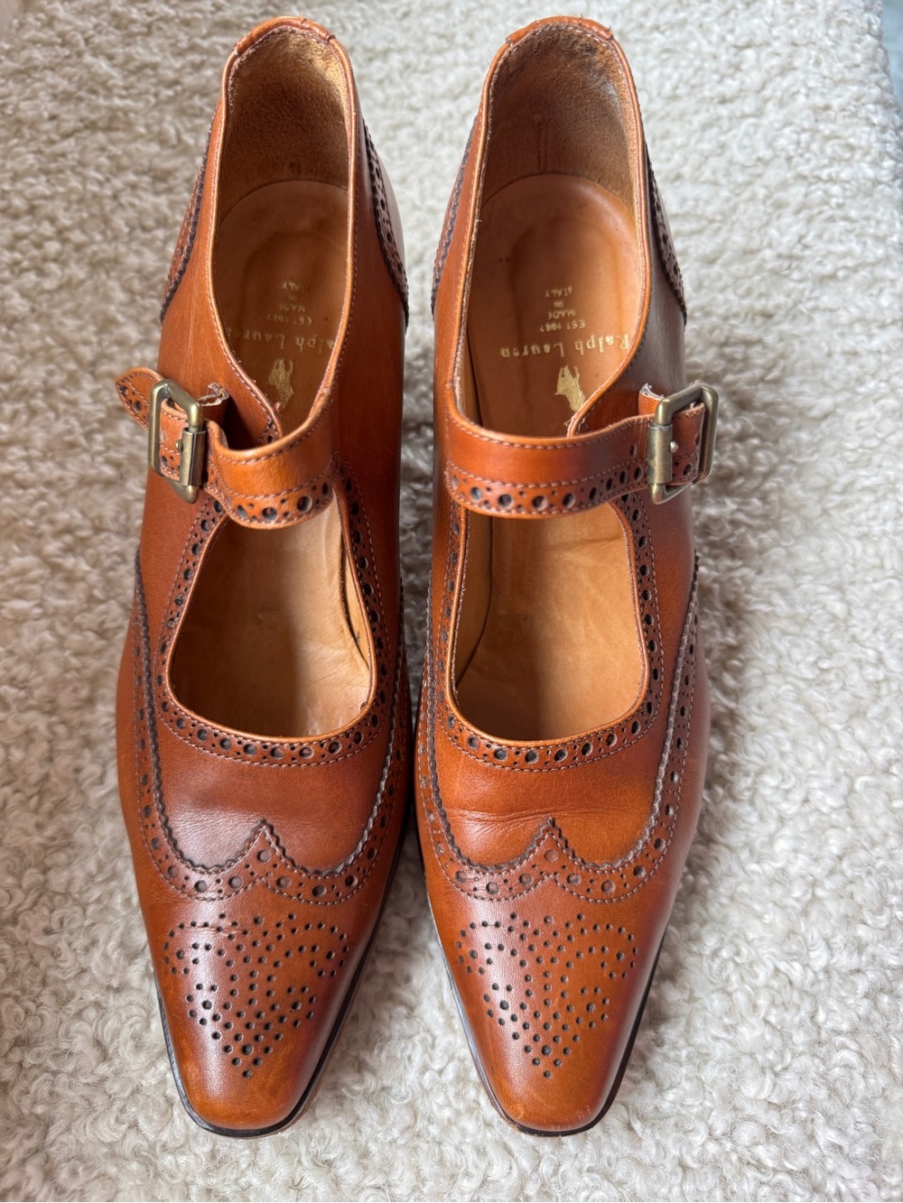 Ralph Lauren burnished tan wingtip heels shoes - Picture 1 of 13